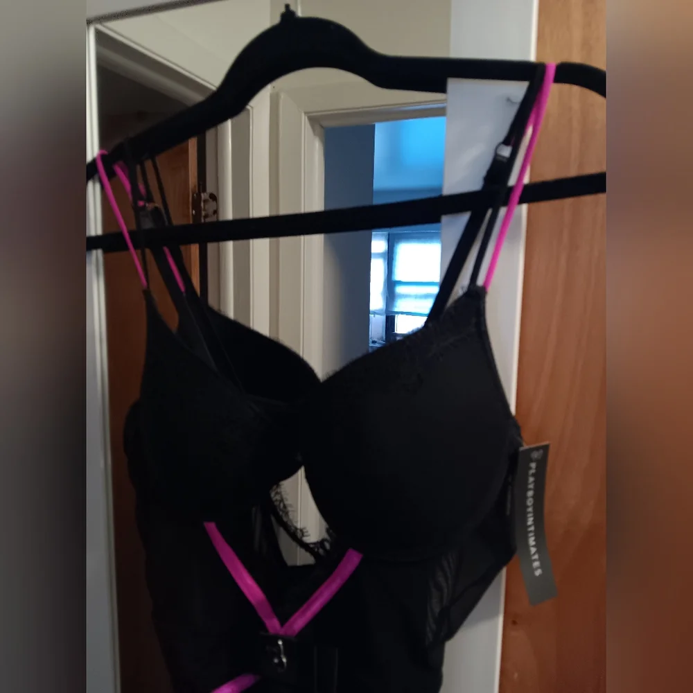 Playboy Black Lace and Fuschia Trimming Sexy Bodysuit - Picture 3 of 7